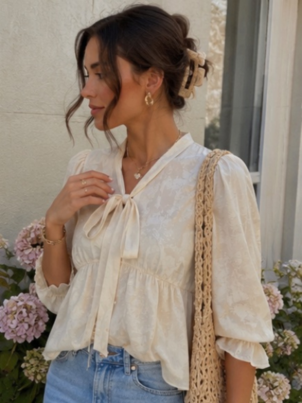 ZARA jacquard blouse with bow